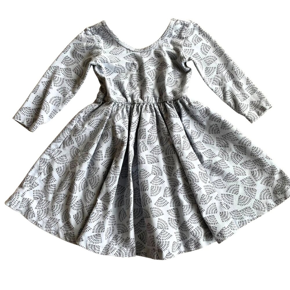 Girls' Gray Printed Long-Sleeve Twirl Dress
